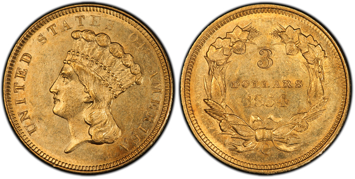 1854-O Three-Dollar Gold Piece. MS-62 (PCGS).